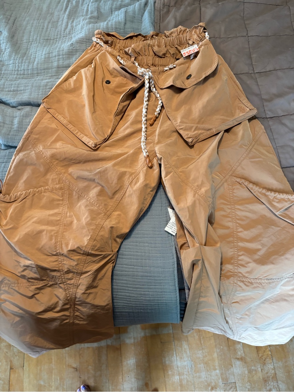 Womens Drawstring Paperbag Waist Cargo Capris in Camel